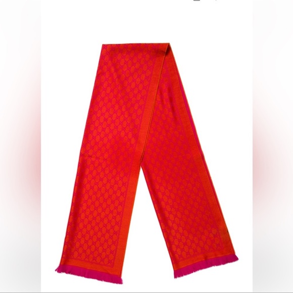 Gucci Sten GG Orange and Pink Fringed Wool Scarf NWT - Picture 2 of 6